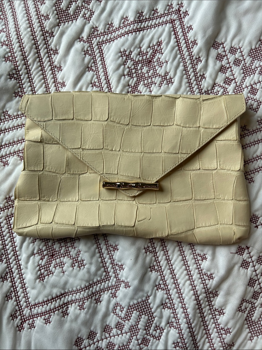 Elaine Turner Croc-Embossed Envelope Clutch in Ivory with Gold Bamboo Hardware